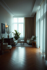 Luxurious High-Rise Apartment Living Room With Cityscape View