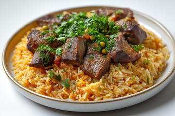A plate of meat and rice with parsley on top