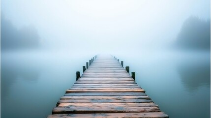 Obraz premium Serene dawn pier stretching into a foggy lake, evoking calm and solitude, with ample negative space for text overlay