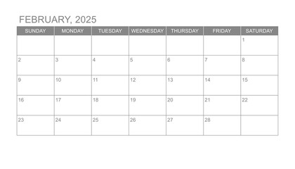 Classic monthly calendar for 2025. week starts on sunday. simple february 2025 calendar template. monthly planner design