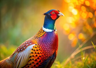 Fototapeta premium Stunning pheasant portrait, showcasing vivid plumage in its natural habitat.