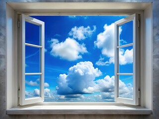 Tranquil sky, fluffy white clouds.  A calming window scene, perfect for relaxation.  Nature's photography.