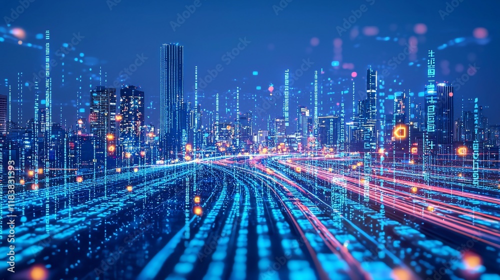 Poster futuristic cityscape at night with digital data streams flowing through roads.