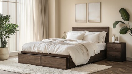 Modern bedroom with dark wood platform bed, drawers, and neutral linens.