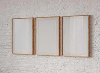 Interior living room mockup frame, brick wall poster empty in home design, interior design element mockup, blank frame 3d render