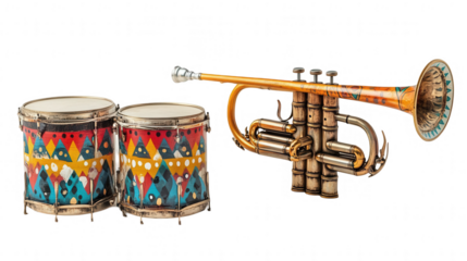 Carnival-themed trumpet and drum set, isolated on white, PNG file, Carnival festival