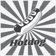 Vintage hotdog graphic for street food advertisement design. Retro style fast food restaurant sign illustration, vector.