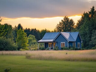 Obraz premium Blue house in field at sunset.