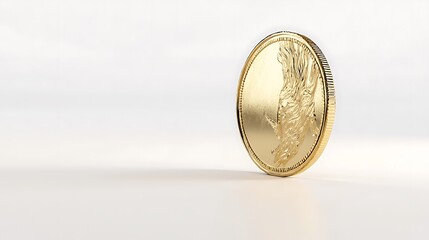 A gold coin with a woman on it sits on a white background
