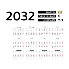 Calendar 2032 English language with Grenada public holidays. Week starts from Monday. Graphic design vector illustration.