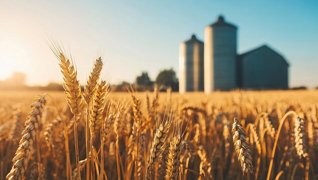 A golden wheat field with silos in the background, a clear blue sky, and a farm building