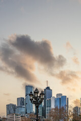 Skyline view in the evening in a metropolis. Sunset over skyscrapers in the financial district. City shot on a square in Frankfurt am Main, Germany