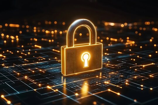 A digital padlock, Future of AI, black background, Yellow color lock, circuits, Science advancement in future, cyber security lock Image wallpaper