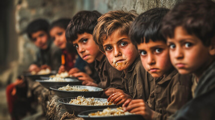 Poor children eating food.	
