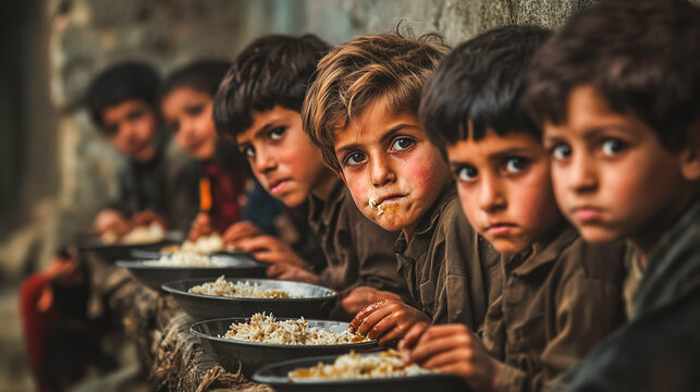 Poor children eating food.	