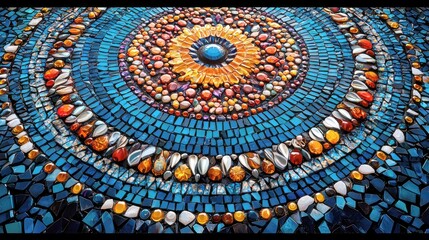 Stunning Colorful Mosaic Art: Intricate Circular Pattern in Vibrant Blues and Jewel Tones