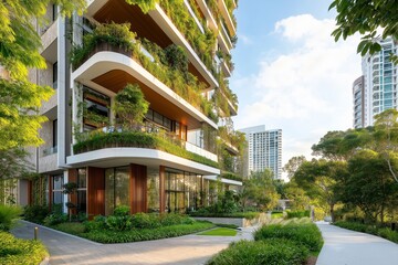 Obraz premium Modern building with multiple floors featuring extensive greenery and plants integrated into the architecture, surrounded by a well-maintained garden with pathways, trees, and shrubs
