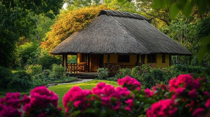 Thatched-roof cottage nestled in vibrant garden.