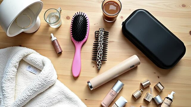 a wooden surface, featuring a collection of hair and beauty tools