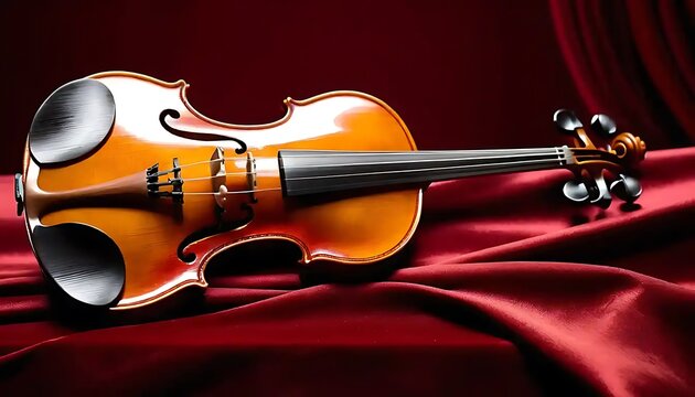 Violin rests on rich red fabric background