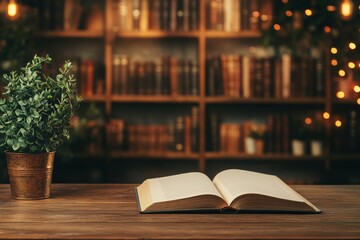 Hardcover book on rustic table with customizable pages and blurred cozy library background for publishing presentation