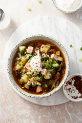 Traditional cold soup with ham and potato