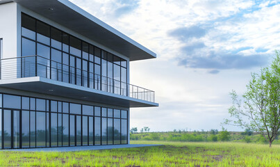 Fototapeta premium Modern glass building, rural landscape, daytime, architectural rendering, real estate