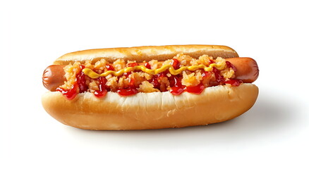 A hot dog with mustard in a sesame seed bun on a transparent background