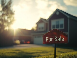 Sunset illuminates a house for sale sign in front of a two-story home.