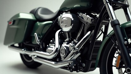 Green Motorcycle Engine Close Up Detailed View