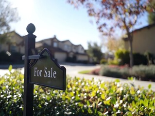 Suburban home for sale sign in front of houses.