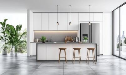 Fototapeta premium An overview of a sleek and modern kitchen with a minimalist design. The room features white cabinets, gray quartz countertops, a large kitchen island with bar stools, and stainless steel appliances 