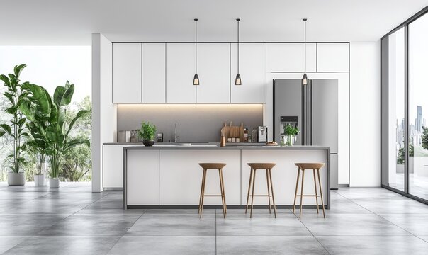 An overview of a sleek and modern kitchen with a minimalist design. The room features white cabinets, gray quartz countertops, a large kitchen island with bar stools, and stainless steel appliances 