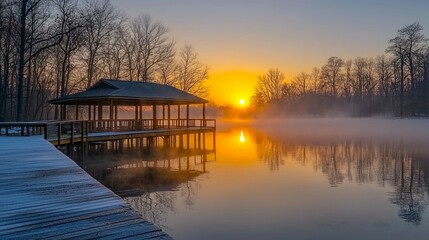 Sunrise over a Tranquil Lake in Winter: A Serene Landscape Photography