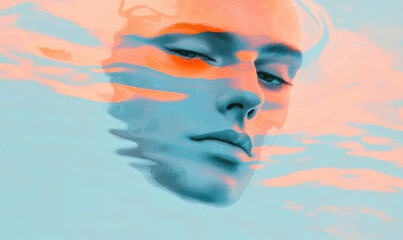 Surreal Portrait Floating in Water with Vibrant Orange and Soft Blue Hues
