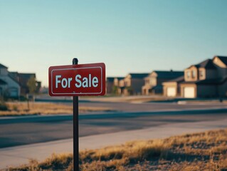 Red "For Sale" sign in front of suburban houses.