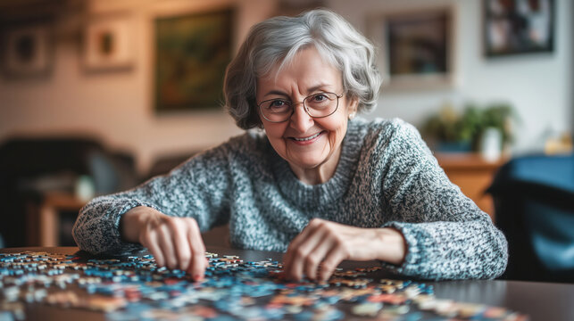 Senior Caucasian woman playing jigsaw puzzle at home