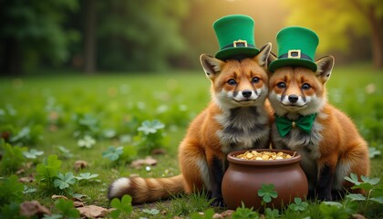 A couple of funny foxes dressed in a festive green leprechaun costume near a pot of gold coins celebrate St. Patrick's Day. This image brings love, good luck and money. Card, banner, post. Copy space.
