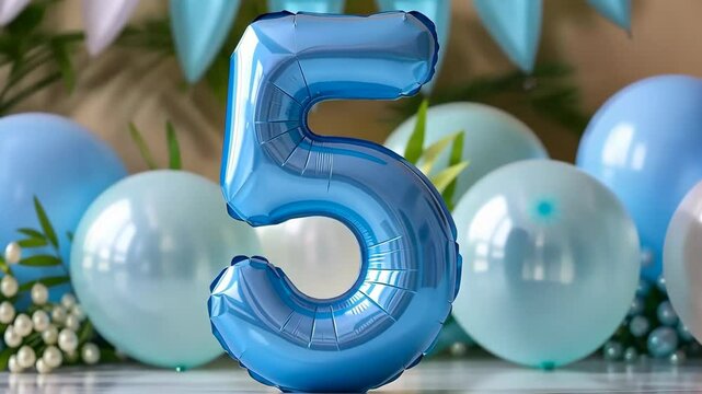 Blue number five with balloons. Playful symbol 5. Invitation for fifth birthday celebration. Children, kids party. Animated greeting card design for boy.