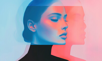 Digital Art Portrait with Dual Exposure in Vibrant Blue and Pink Hues
