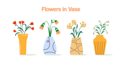 Set of Flowers in Vase Hand Drawn Illustration. Collection of Beautiful Tropical Flowers in Vase Flat Decorative Floral Elements Concept