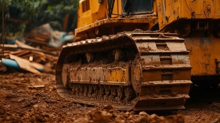Fototapeta premium Close-up of muddy bulldozer tracks on a construction site.