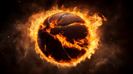 A burning basketball ball that is cut out and flying with flames