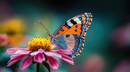 a butterfly perched on a flower, highlighting the intricate patterns and vibrant colors of its wings