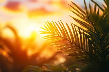 Cross and palm leaf with sunset scene background. Palm Sunday Concept 