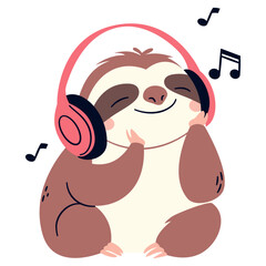 Flat vector illustration in a simple children's style. Cute sloth sitting and listening to music on white background . Vector illustration