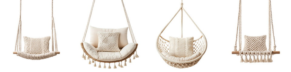 Cozy and inviting macrame hanging swing chair adorned with geometric patterned soft cushions  creating a serene and bohemian inspired atmosphere for relaxation and comfort in an outdoor garden  patio © R Studio