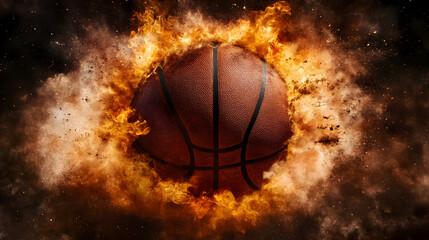 A burning basketball ball that is cut out and flying with flames