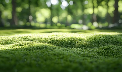 Naklejka premium A serene view of lush green grass illuminated by soft sunlight in a tranquil forest setting.