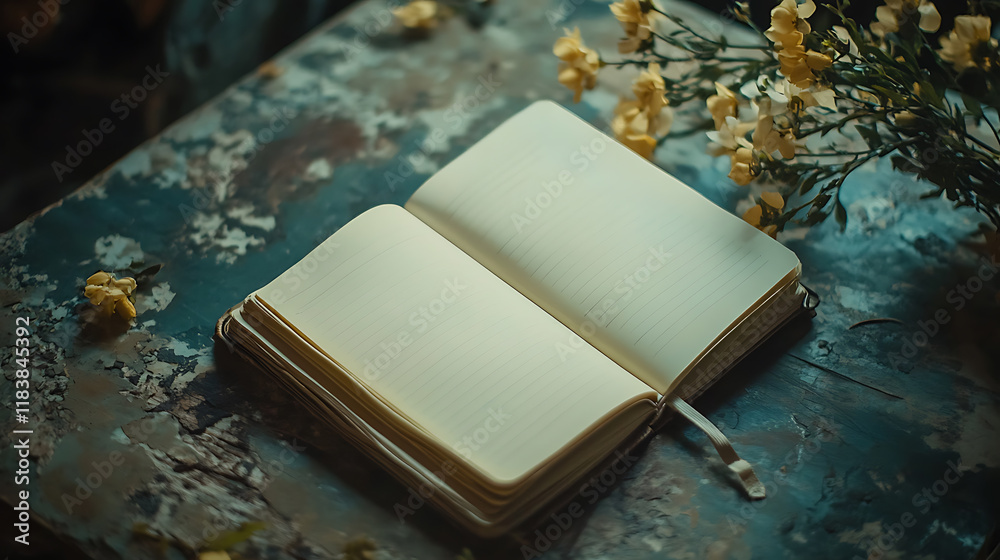 Aufkleber a beautifully arranged concept of journaling, featuring a neatly opened notebook with blank pages re